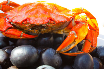 red crab with black olives on the plate