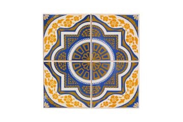Padrão de azulejos típicos portugueses, textura em cores amarelo, azul e dourado, 4 azulejos