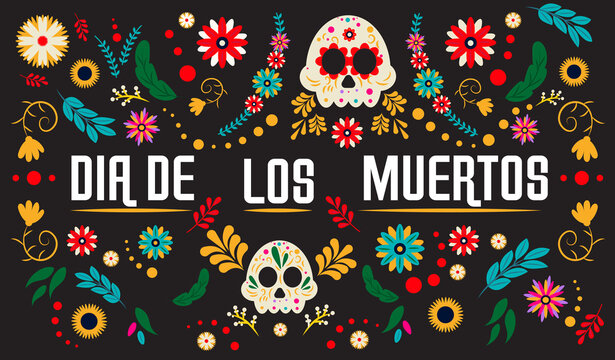 Day of the dead, Dia de los moertos, banner with colorful Mexican flowers. Fiesta, holiday poster, party flyer, funny greeting card. Flat vector illustration