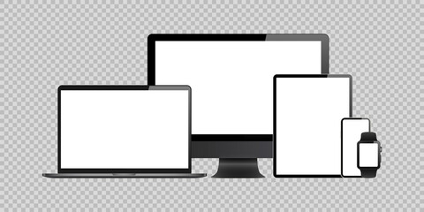 laptop, computer, tablet, mobile, watch mockup isolated blank screen vector set. white monitor touchscreen gadget technology equipment. phone, smartphone, smartwatch on background