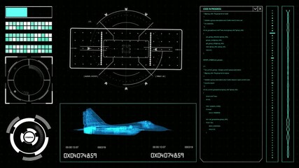 Futuristic HUD elements on a computer display with military plane scheme, navigation system and code on a screen. Hitech Illustration - Powered by Adobe