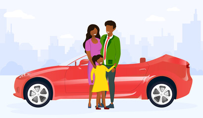 Happy young family mom dad and daughter standing in the background of their car. Flat vector illustration