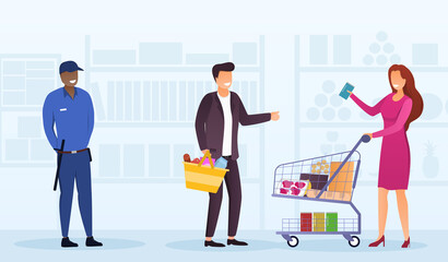 People buy food in the supermarket next to a security guard. Safety and security concept. Flat vector illustration