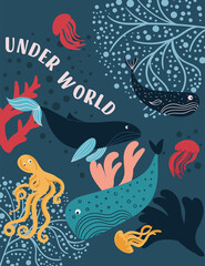 Inhabitants of the underwater world in an abstract psychedelic illustration. Flat colorful vector illustration
