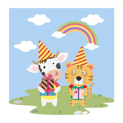 cute animal birthday illustration design