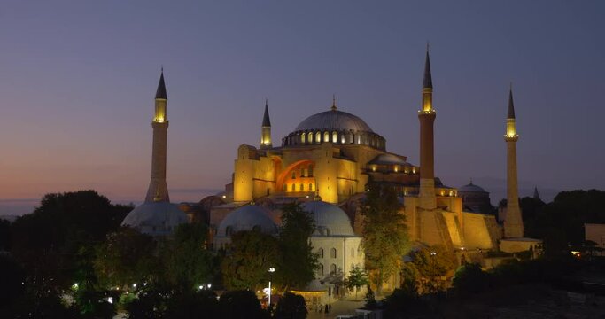 Hagia Sophia at sunset light, Istanbul, Turkey. Establishing shot