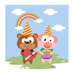 cute animal birthday illustration design