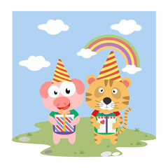 Fototapeta premium cute animal birthday illustration design