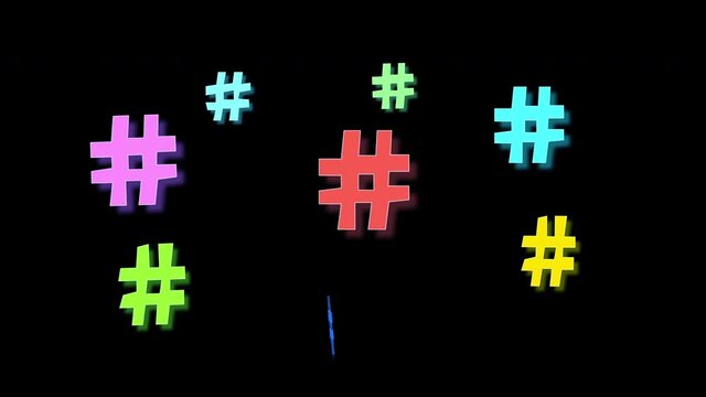 Funny coloured background with dancing and moving hashtags - web and communication signs. Copy space. Colourful black background.