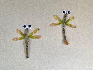 Cute dragonfly with eyes made of natural materials , children's art.