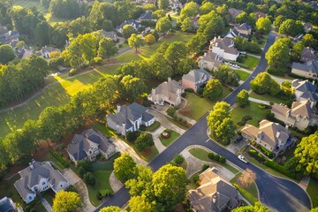 Aerial view of an upscale subdivision in suburbs of a city in USA
