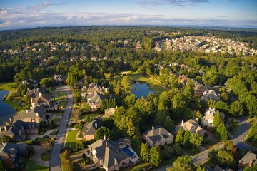 Beautiful aerial view of an upscale sub division in Suburb with Golf course and a lake shot during the golden hour