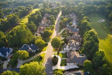 Beautiful aerial view of a sub division with golf course and a beautiful lake  in suburbs of Atlanta during golden hour. - obrazy, fototapety, plakaty