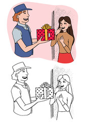 Doodle illustration of delivery man with gift box. Courier delivering order to home of girl. Safety home delivery concept. Hand drawn vector contour and coloured drawings isolated on white for design.