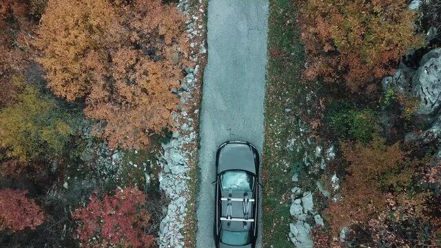 Driving Audi Car on a mountain road in Montenegro through the autumn forest