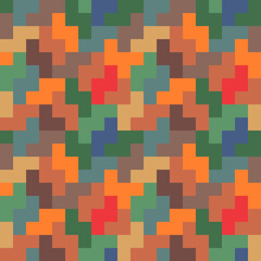 Repeated color puzzle figures background. Seamless surface pattern design with logic mosaic ornament. Game motif. Grid wallpaper. Digital paper for page fills, web designing, textile print. Vector.