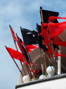 Home made flags attached to buoys for sea fishing