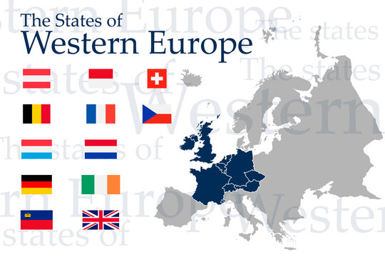 A set of icons for flags of Western Europe. Vector image of flags and maps of Europe on a white background. You can use it to create a website, print brochures, booklets, flyers, and travel guides.