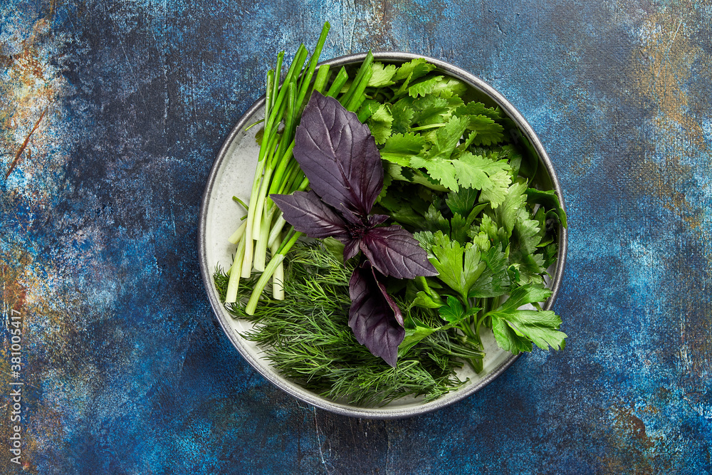 Wall mural Plate with parsley, dill, cilantro, green onions, red basil on blue background