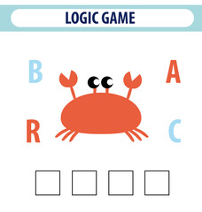 Worksheet for preschool kids.Words puzzle educational game for children. Place the letters in right order. Cute illustration of logic puzzle game for study English. Find the correct places	