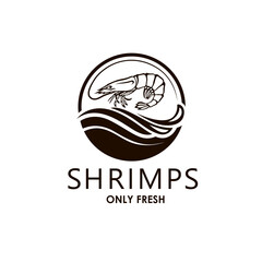 label of fresh shrimp and sea waves isolated