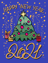 Christmas card with a Christmas tree and gifts. Handwritten inscription Happy new year and 2021.