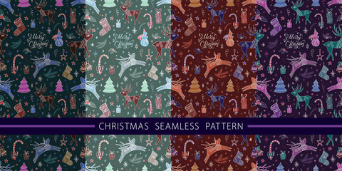 Christmas seamless pattern for greeting cards, wrapping paper and various backgrounds. Winter hand-drawn background with the inscription "Merry Christmas". Greeting card with text in the Christmas sty