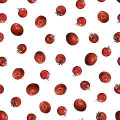 Seamless pattern of red tomatoes on white background. Watercolor illustration. For cookbook, recipe, menu, wallpaper, textile, wrapping paper, stationery and packaging design.