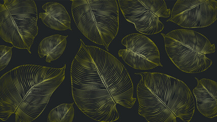 Luxurious gold floral print on a grey background. Floral pattern, golden leaf of philodendron, violets with lines. Vector dimensionless graphics.