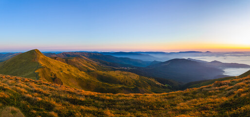 Naklejka na ściany i meble Mountains morning, panorama, dawn, Carpathians, Ukraine.