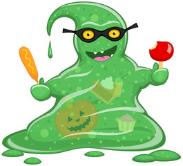 Vector illustration of a hungry, happy, Halloween-themed cartoon blob monster eating a variety of autumn foods. © Handies Peak