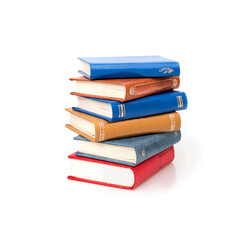 Stack of books in colour covers with white sheets isolated on a white background