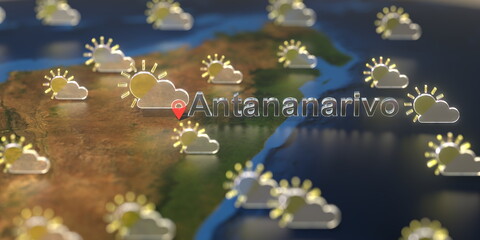 Antananarivo city and partly cloudy weather icon on the map, weather forecast related 3D rendering