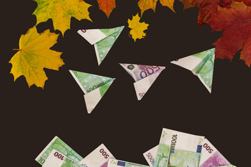 small planes from bills on a black background together with autumn leaves. Idea - autumn sales, Black Friday, loss of money, crisis. Horizontal photo