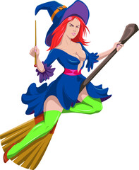 Nordic witch flying on her broomstick on Halloween
