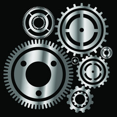 Metal gears on a black background. Vector illustration.
