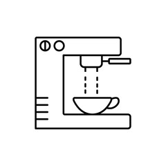 Black flat line vector icon for electric coffee maker machine with pot on white background.