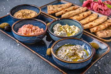 Assorted appetizers of cottage cheese with garlic, salmon with cheese, eggplant with pita. Natural delicious food. Greek cuisine menu. Still life in a marine style on a blue background.