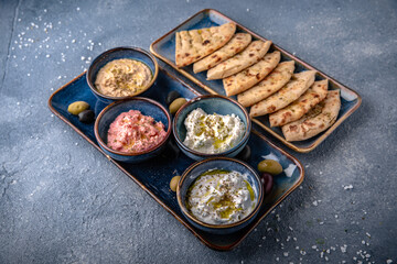 Assorted appetizers of cottage cheese with garlic, salmon with cheese, eggplant with pita. Natural delicious food. Greek cuisine menu. Still life in a marine style on a blue background.