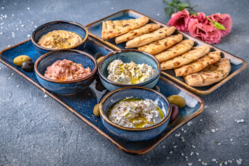 Assorted appetizers of cottage cheese with garlic, salmon with cheese, eggplant with pita. Natural delicious food. Greek cuisine menu. Still life in a marine style on a blue background.