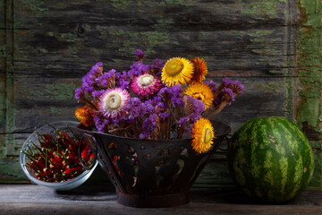 Obraz premium Peppers,Flowers&Watermelon Still Life 2