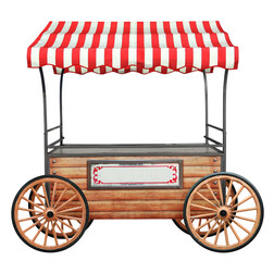 Mobile street market stand stall with wheels and red white striped awning