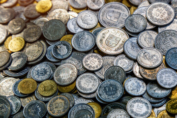 Coins of Switzerland. Libertas head depicted in the Swiss 10 rappen coin.Coins background.Coins from various countries from all over the world.