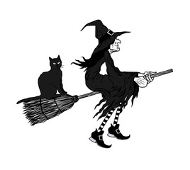 Vector illustration of a witch with a black cat on a broom