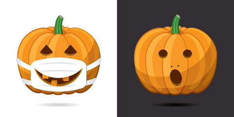 Halloween Pumpkin Protected with Mask and Smiling through It and Scared Unprotected Pumpkin Coronavirus Pandemy Devoted Concept - Orange on Black and White Background - Mixed Graphic Design