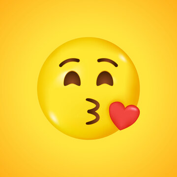 Emoji with flying kiss red heart and winking eye face. A yellow face emoji kiss. Big smile in 3D. Vector illustration.