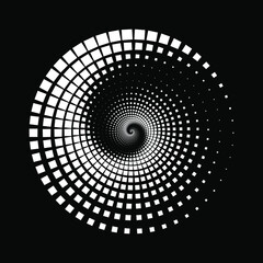 White halftone square dots in vortex form. Geometric art. Trendy design element for frame, logo, tattoo, sign, symbol, web, prints, posters, template, pattern and abstract background