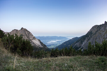 travel germany and bavaria, view at Fischen im Allgäu, Bavaria, Germany, from Oberer Geisalpsee with Rubihorn at the break of dawn