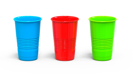 Set of multi-colored plastic disposable cups. 3D rendering