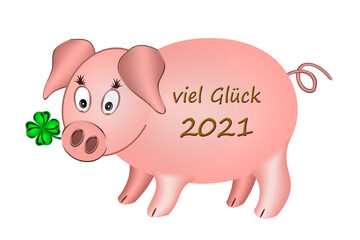 Viel Glück 2021, Glücksschwein mit Kleeblatt, weißer Hintergrund